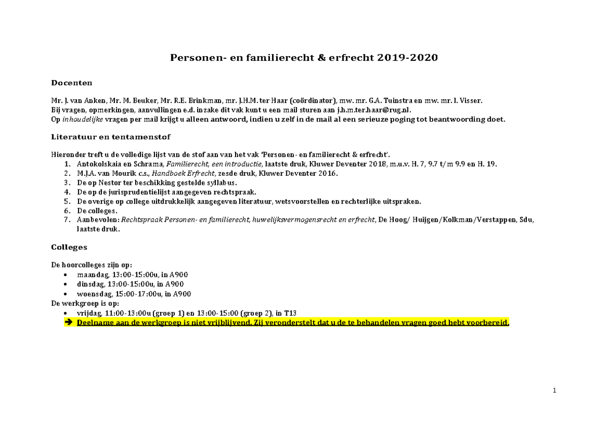 Rooster Personen en familierecht en erfrecht 2019-2020 - RUG - Studeersnel