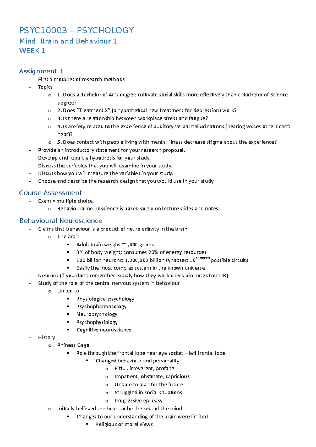 PSYC10003 notes - PSYC10003 – PSYCHOLOGY Mind, Brain and Behaviour 1 ...