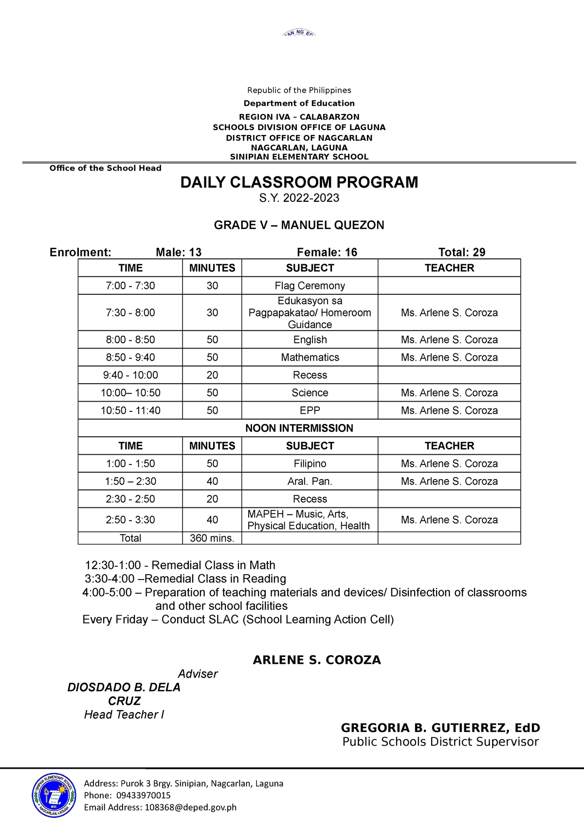 Class Program 2022 23 Gr 5 Department Of Education Region Iva Calabarzon Schools Division 2201