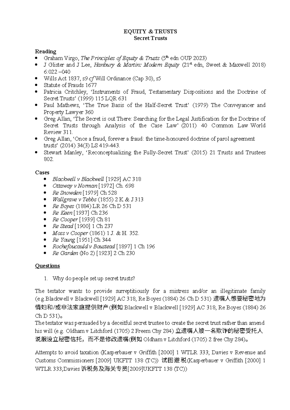 Equity Tutorial-Secret Trusts-Q - EQUITY & TRUSTS Secret Trusts Reading ...