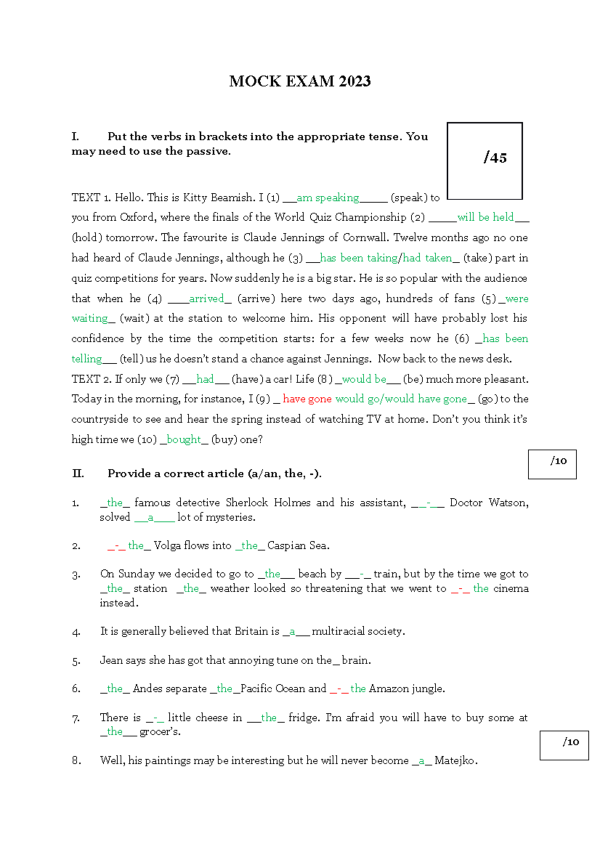 MOCK-EXAM-2023 - Mock Exam English Grammar 1r - MOCK EXAM 2023 I. Put ...