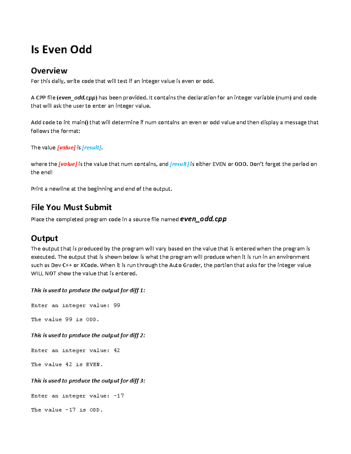 Is Even Odd - Is Even Odd assignment - Is Even Odd Overview For this ...