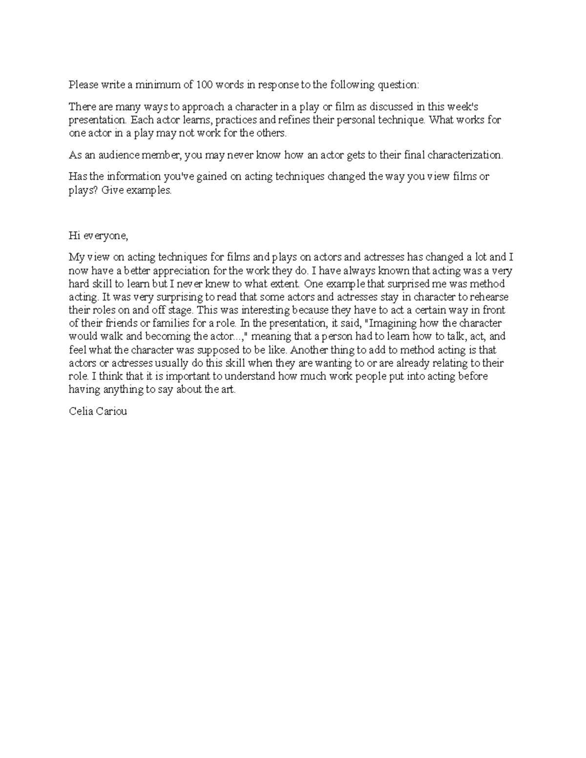 The Actor - Homework Assignment - Please write a minimum of 100 words ...