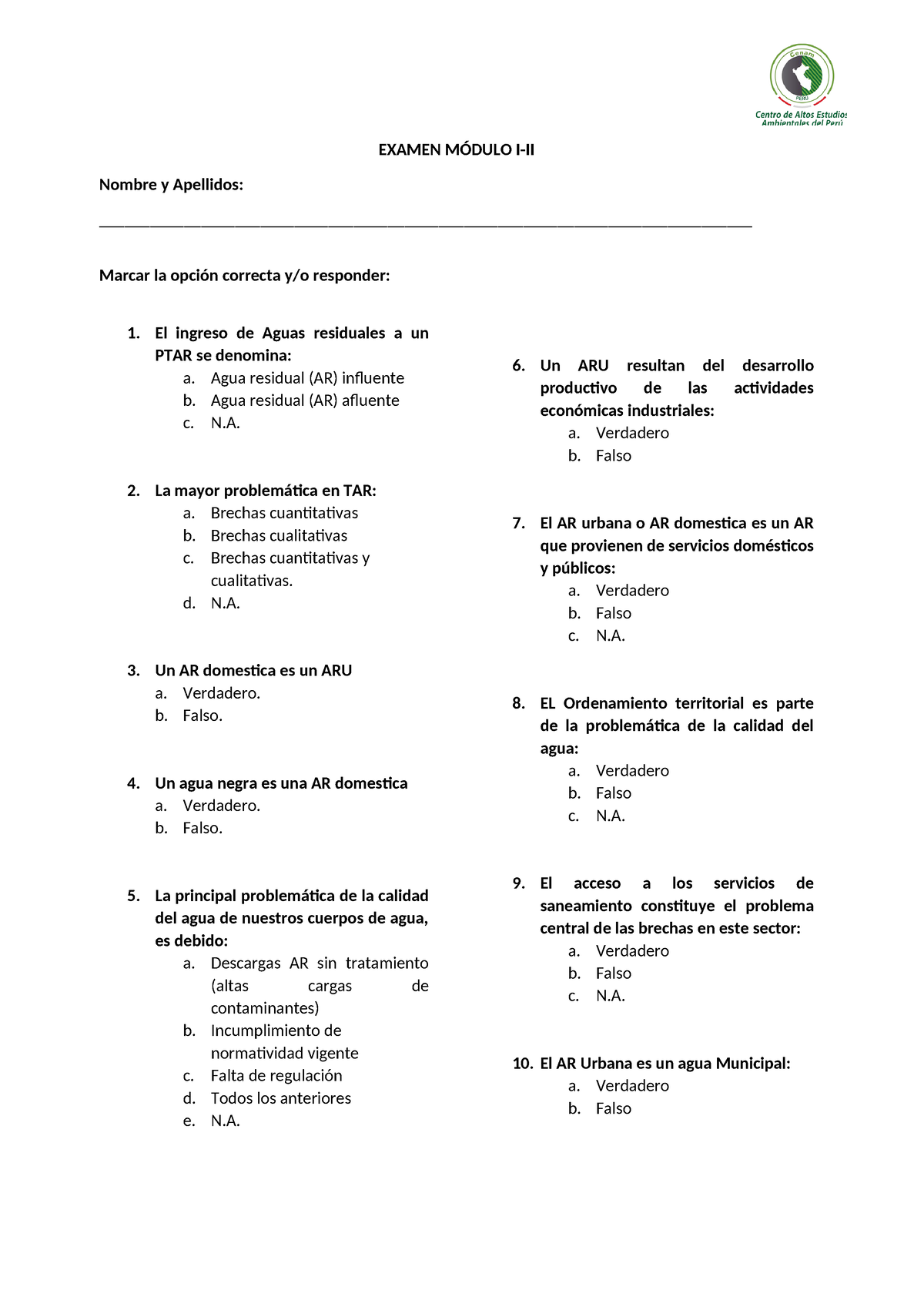 Examen Modulo I-II - Informacion Medio Ambiental Y - EXAMEN MÓDULO I-II ...