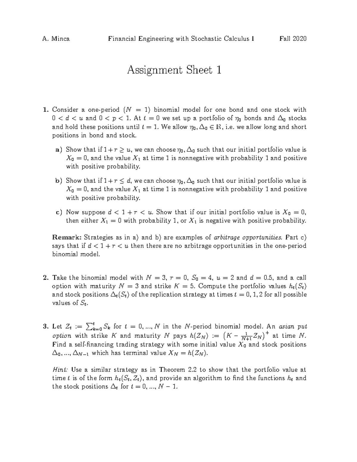 Sheet 01 Orie 5600 Financial Engineering Cornell Studocu