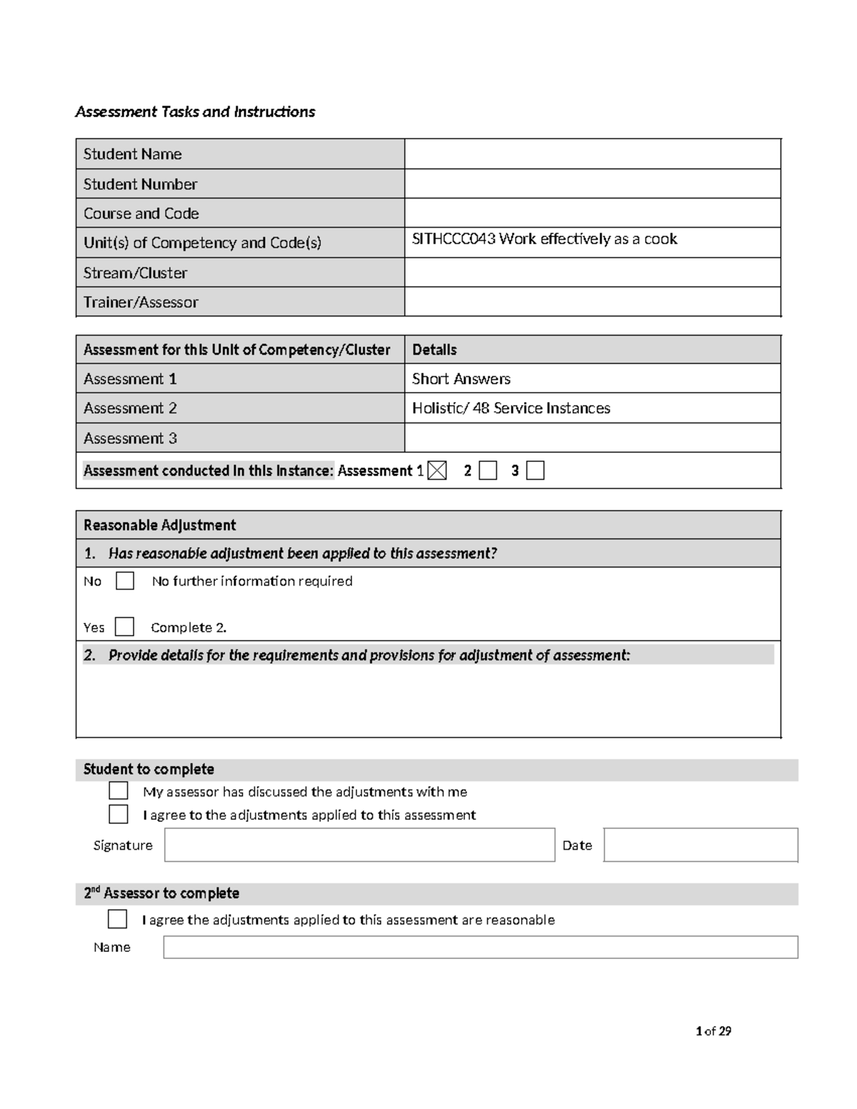 Rc Sithccc 043 Assessment 1 -short Answer - Assessment Tasks And 