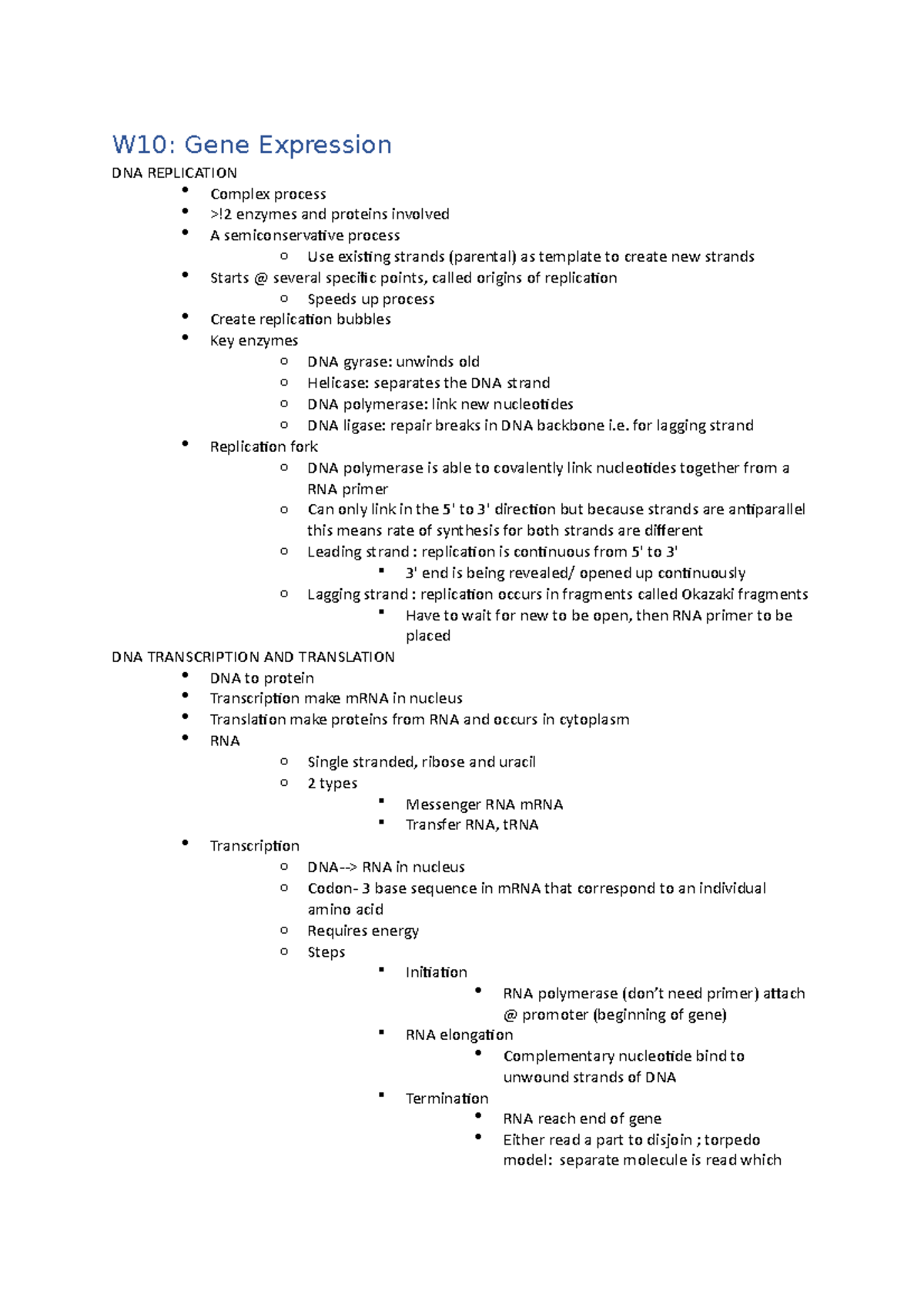 W10 Gene Expression - Lecture notes 10 - W10: Gene Expression DNA ...