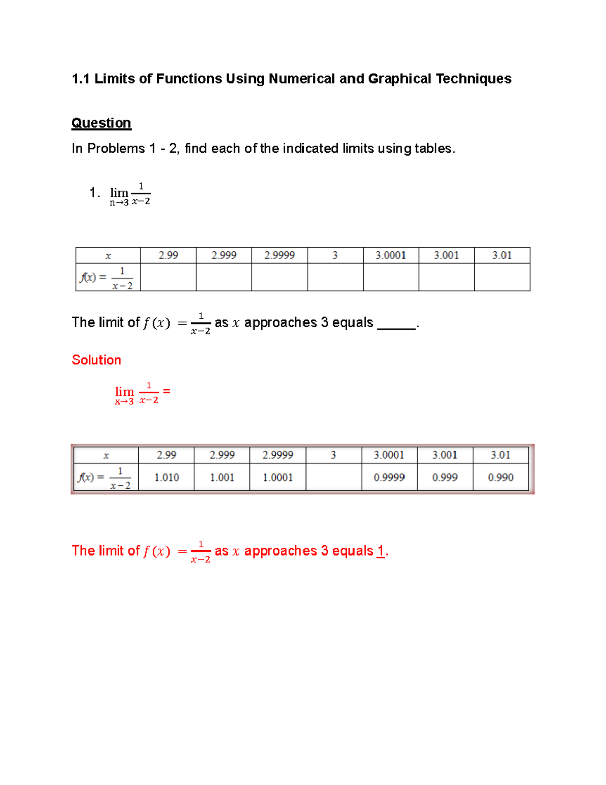 Week 3-Limits - Lecture content of week 3 - 1 Limits of Functions Using ...