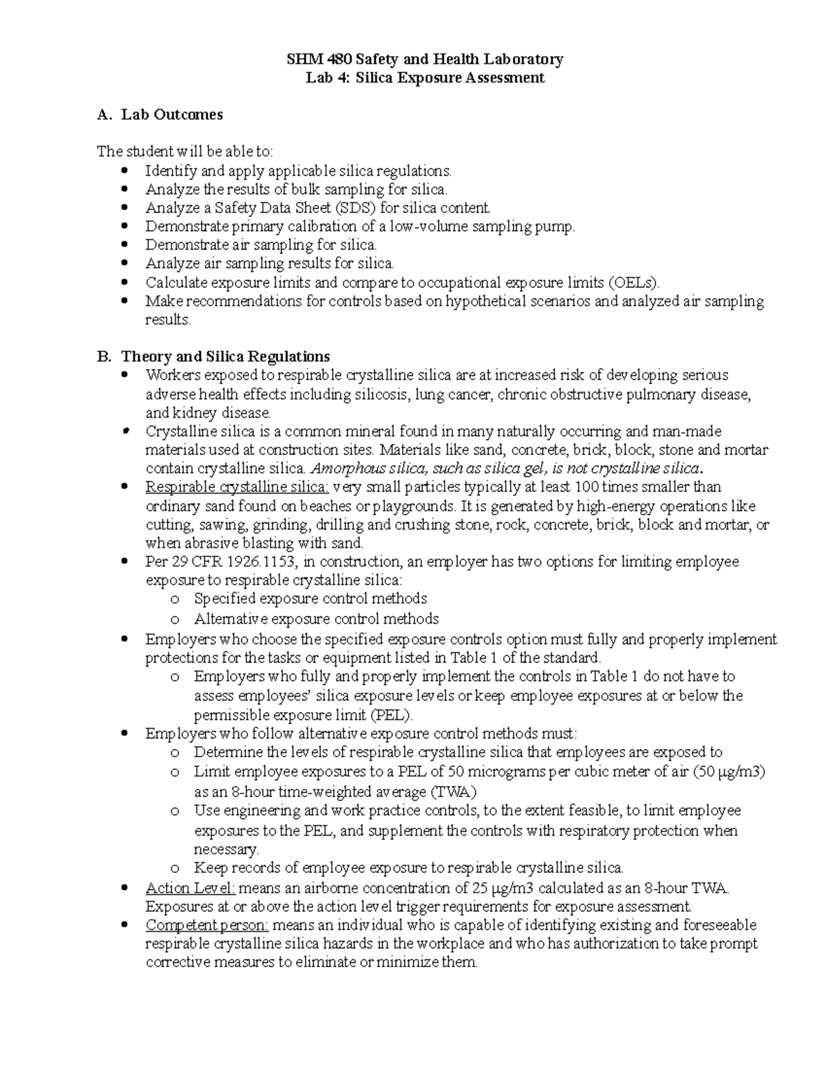 Lab 4 Instructions from Professor Silica Exposure Assessment - SHM 480 ...