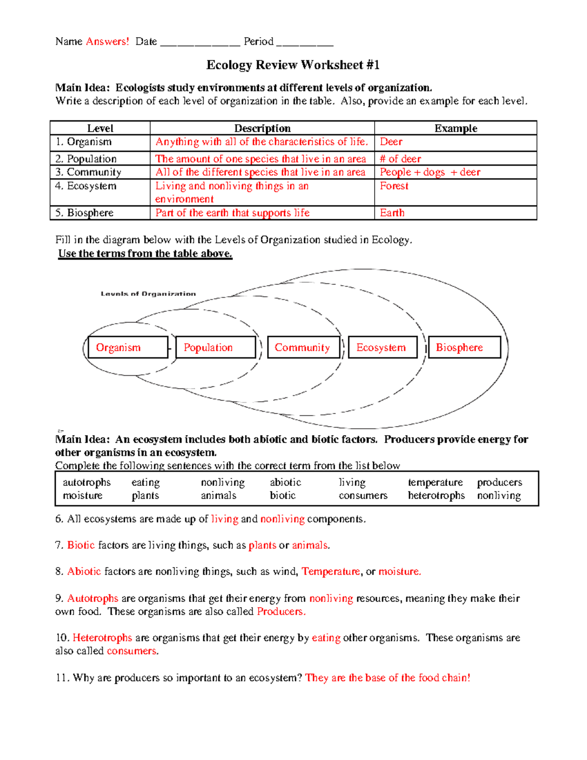 Review ecology-review-worksheet-1-answers - Name Answers! Date Period  ______ - Studocu