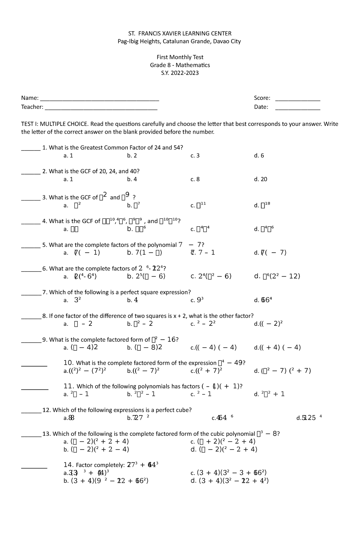 Grade 8 - Math - Test Questionnaire - ST. FRANCIS XAVIER LEARNING ...