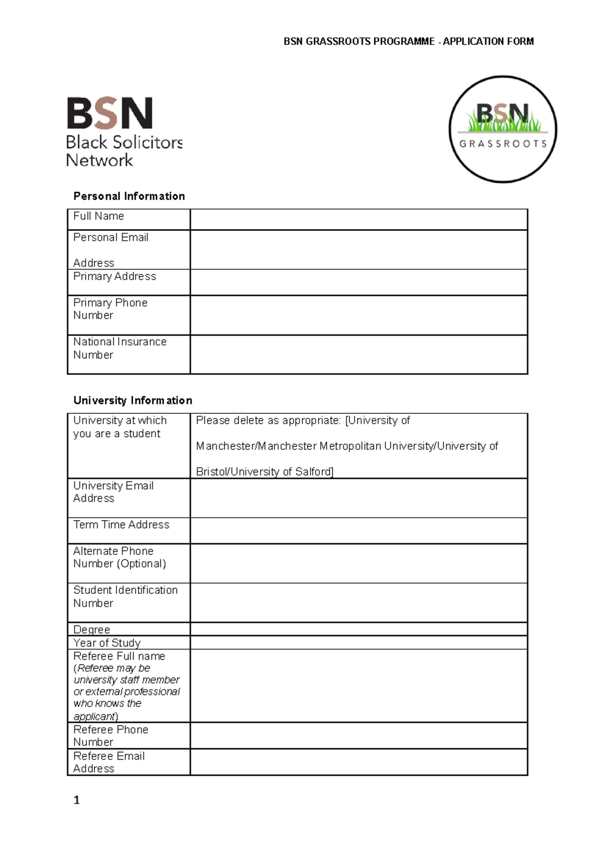 BSN Grassroots Application Form - Personal Information Full Name ...