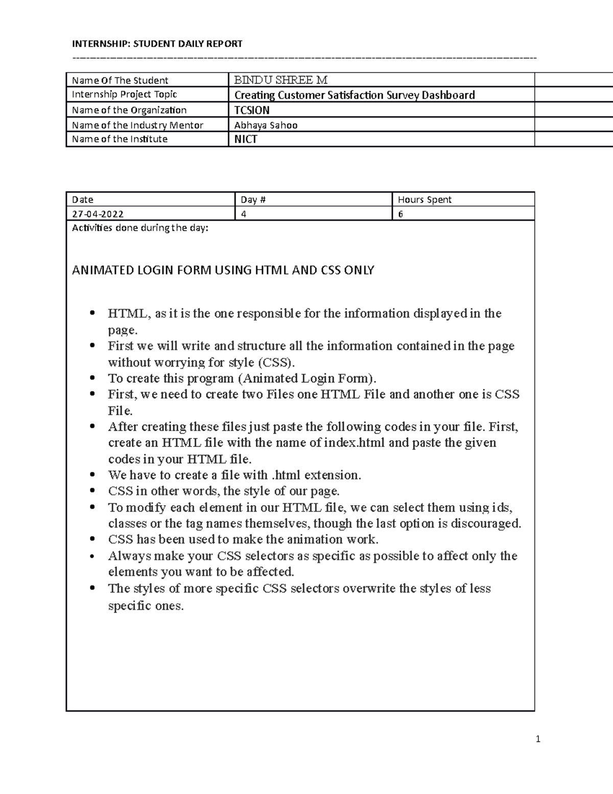Activity report - please refer this notes - INTERNSHIP: STUDENT DAILY ...