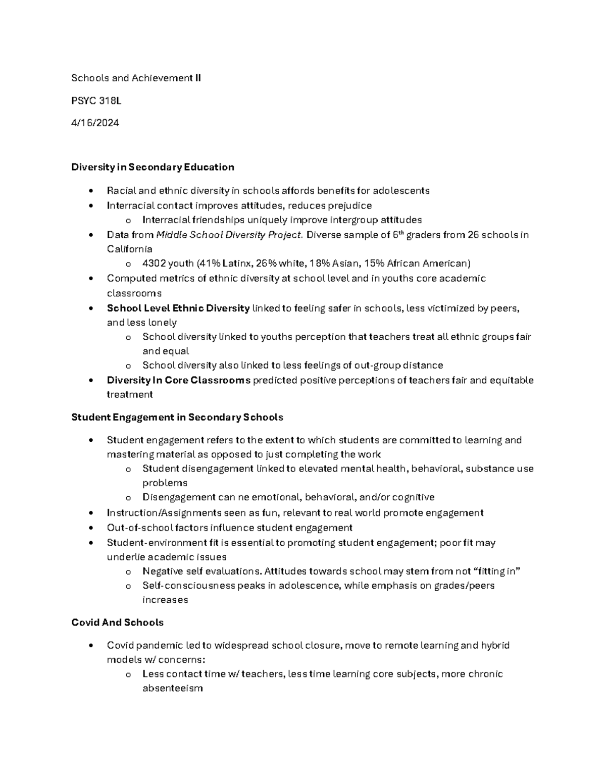 Schools and Achievement II - Diverse sample of 6th graders from 26 ...