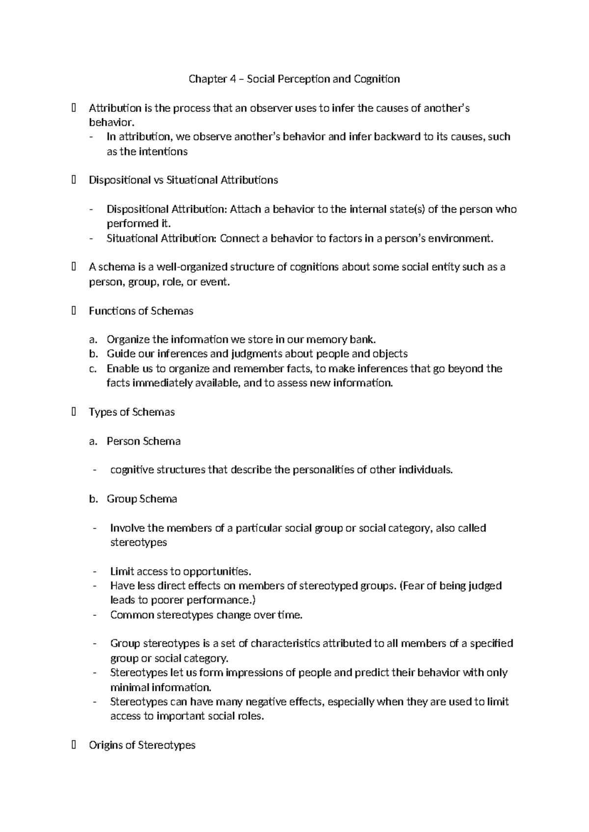 Chapter 4 - Own Notes - Chapter 4 – Social Perception and Cognition ê ...