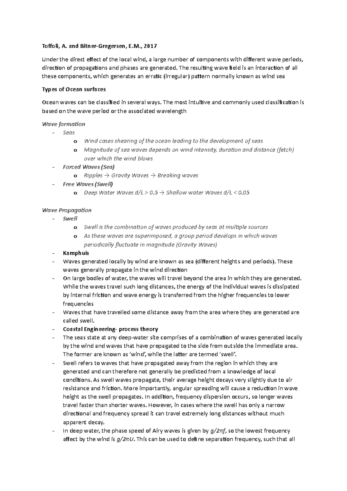 Notes Assignment 3 Civil Hydraulics Toffoli, A. and Bitner