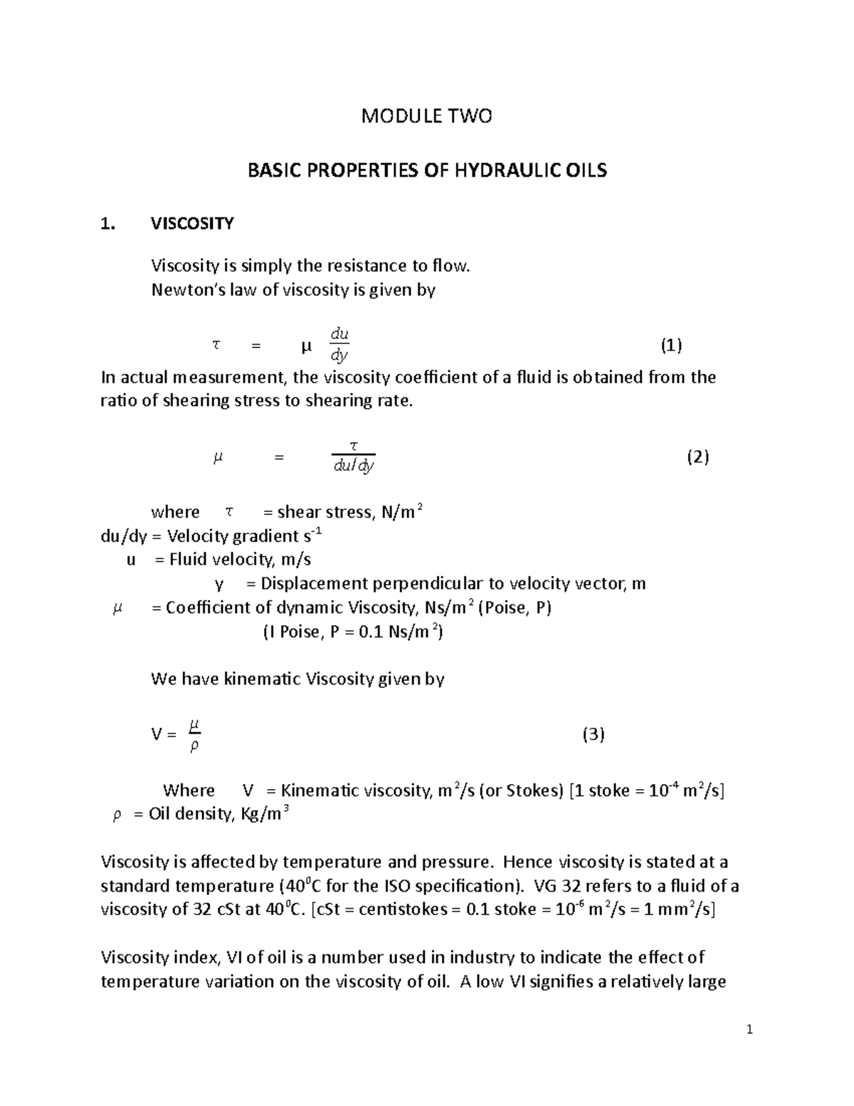 Ppties OF Hydraulic OILS MODULE TWO BASIC PROPERTIES OF HYDRAULIC