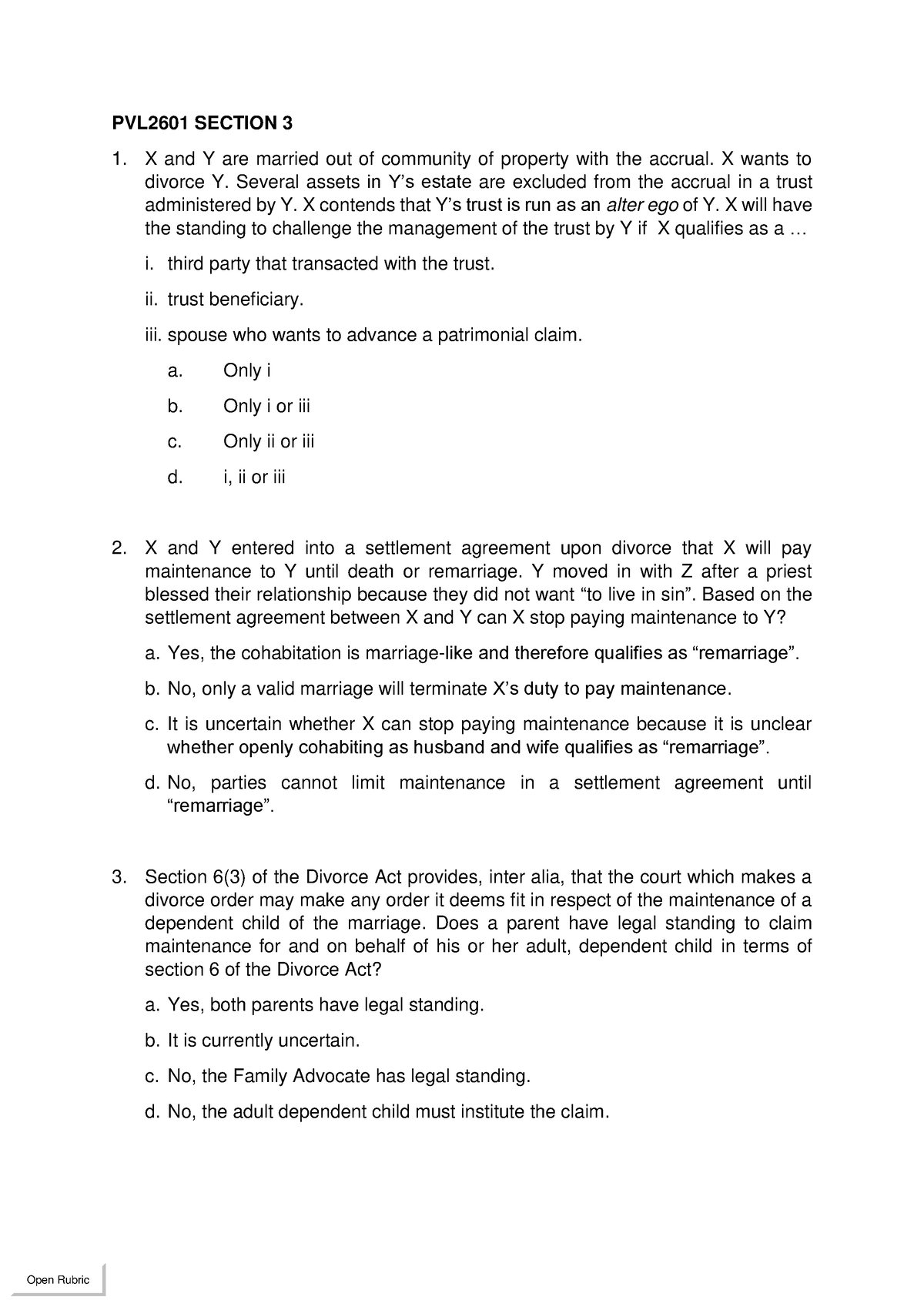 Pvl2601 Mcq Section 3 Adl2601 Revision Pvl2601 Section 3 X And Y Are Married Out Of 