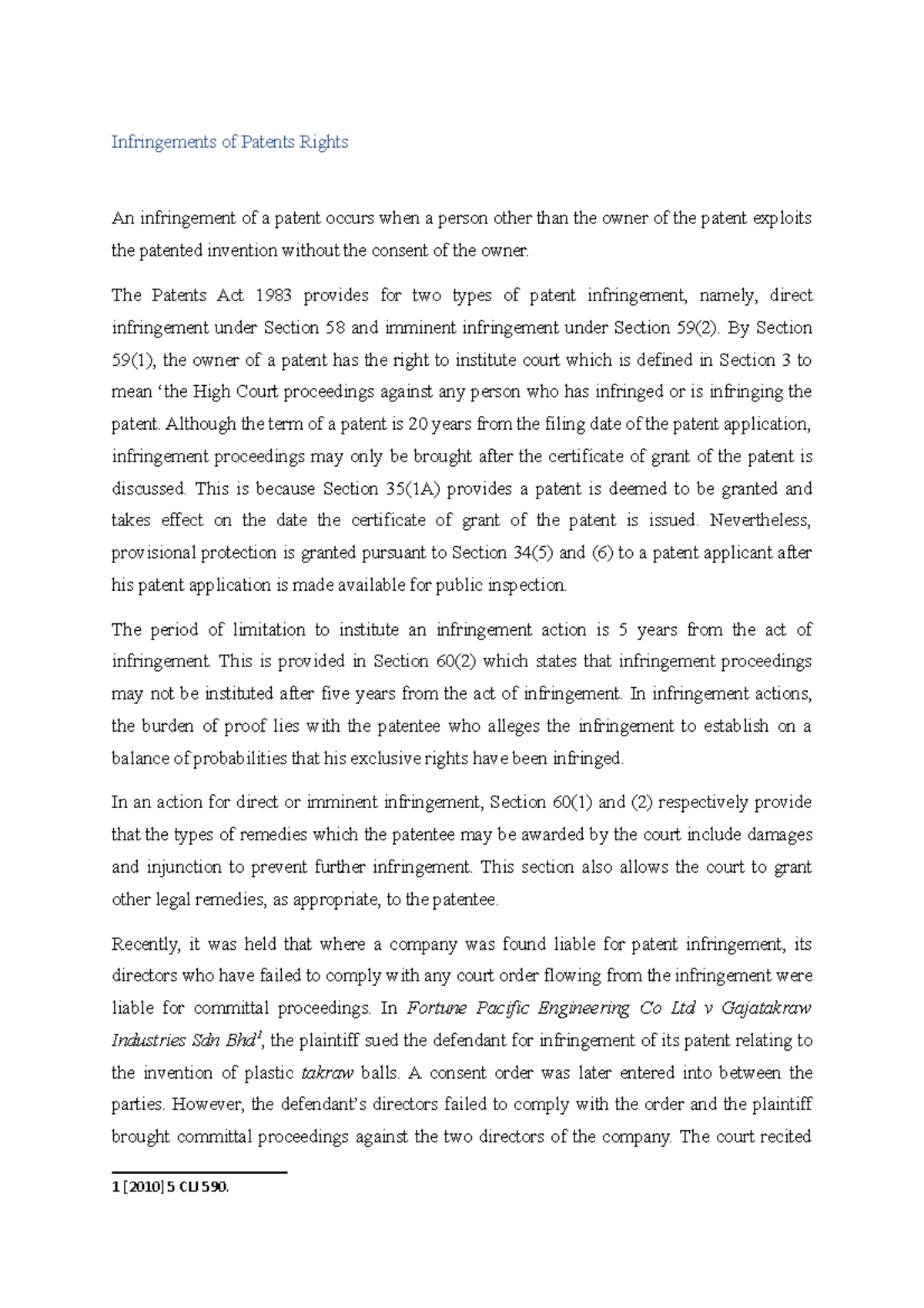 Infringement Of Patents Rights The Patents Act 1983 Provides For Two Types Of Patent Infringement Studocu