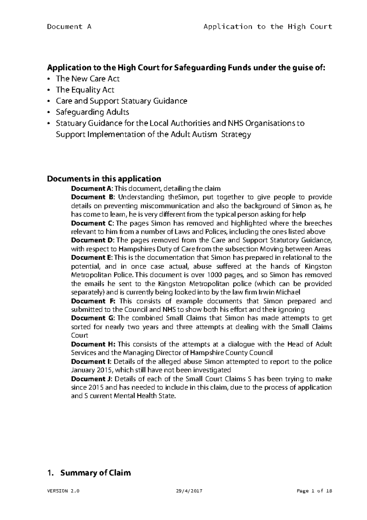 Document A High Court Application V2 Document A Application to the