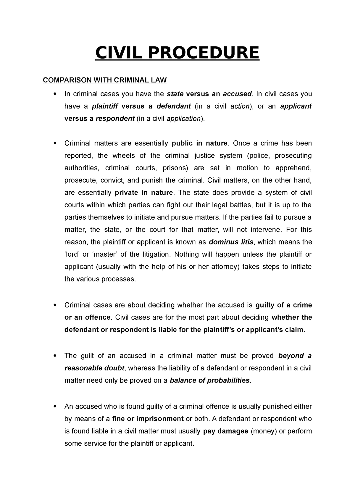 Civil Procedure - CIVIL PROCEDURE COMPARISON WITH CRIMINAL LAW In ...