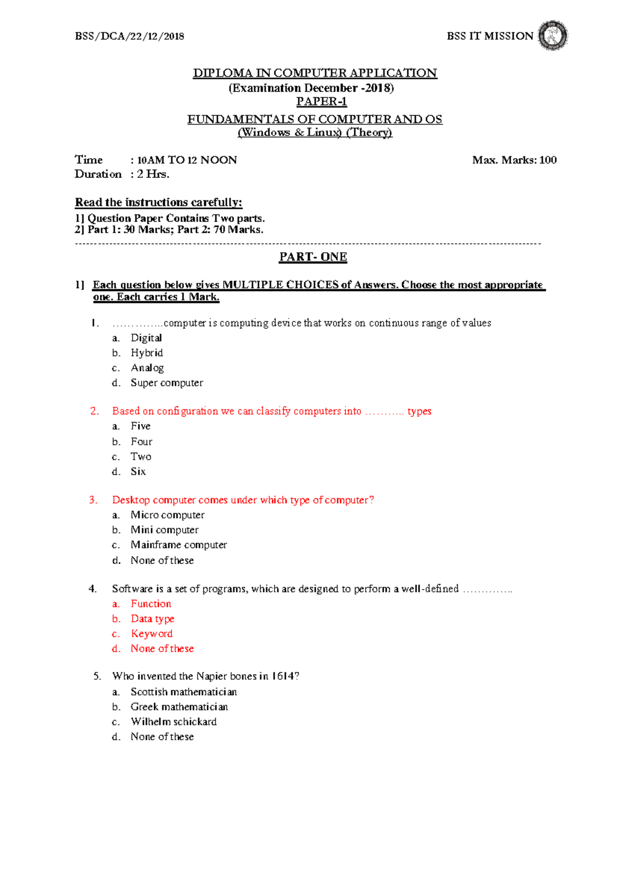 Paper-1 Fundamntal Prev Questions - DIPLOMA IN COMPUTER APPLICATION ...