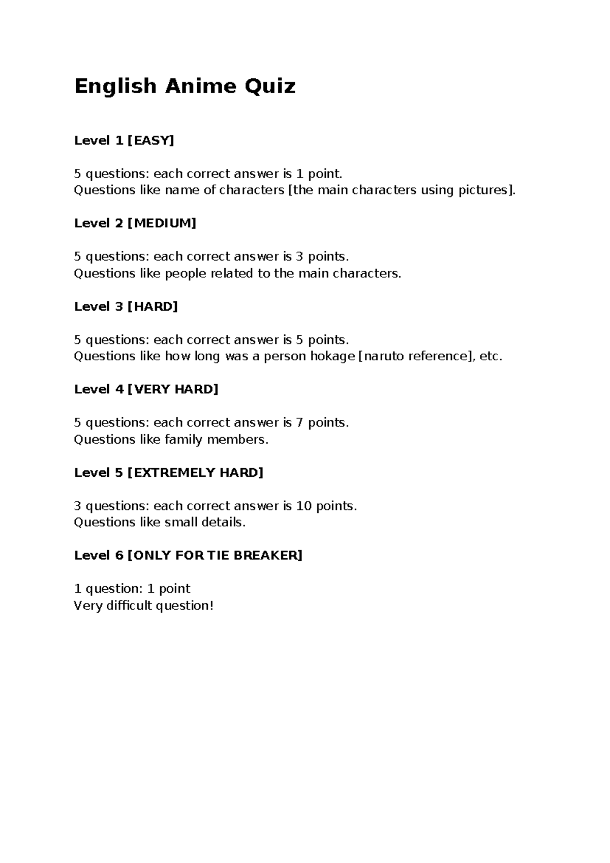 English Anime Quiz Level 1 [EASY] 5 questions each correct ans ...
