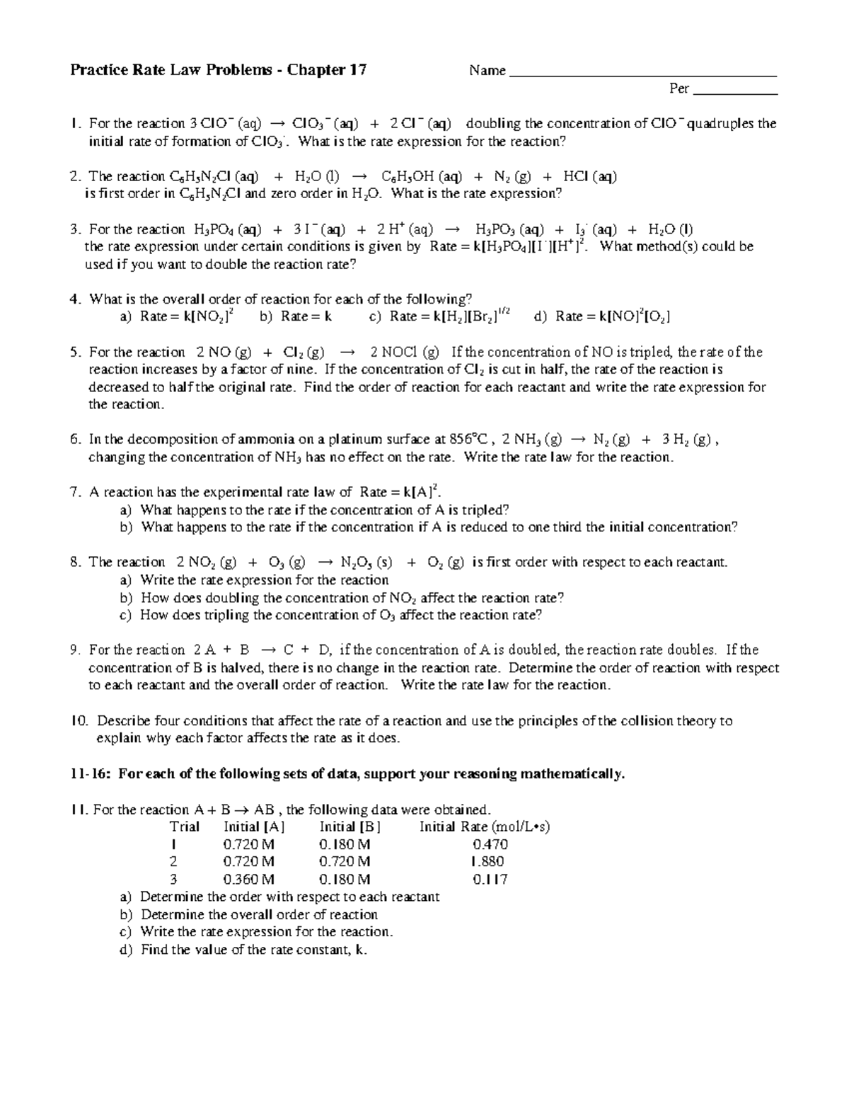 Practice Rate Law Problems B2010 - Practice Rate Law Problems - Chapter ...