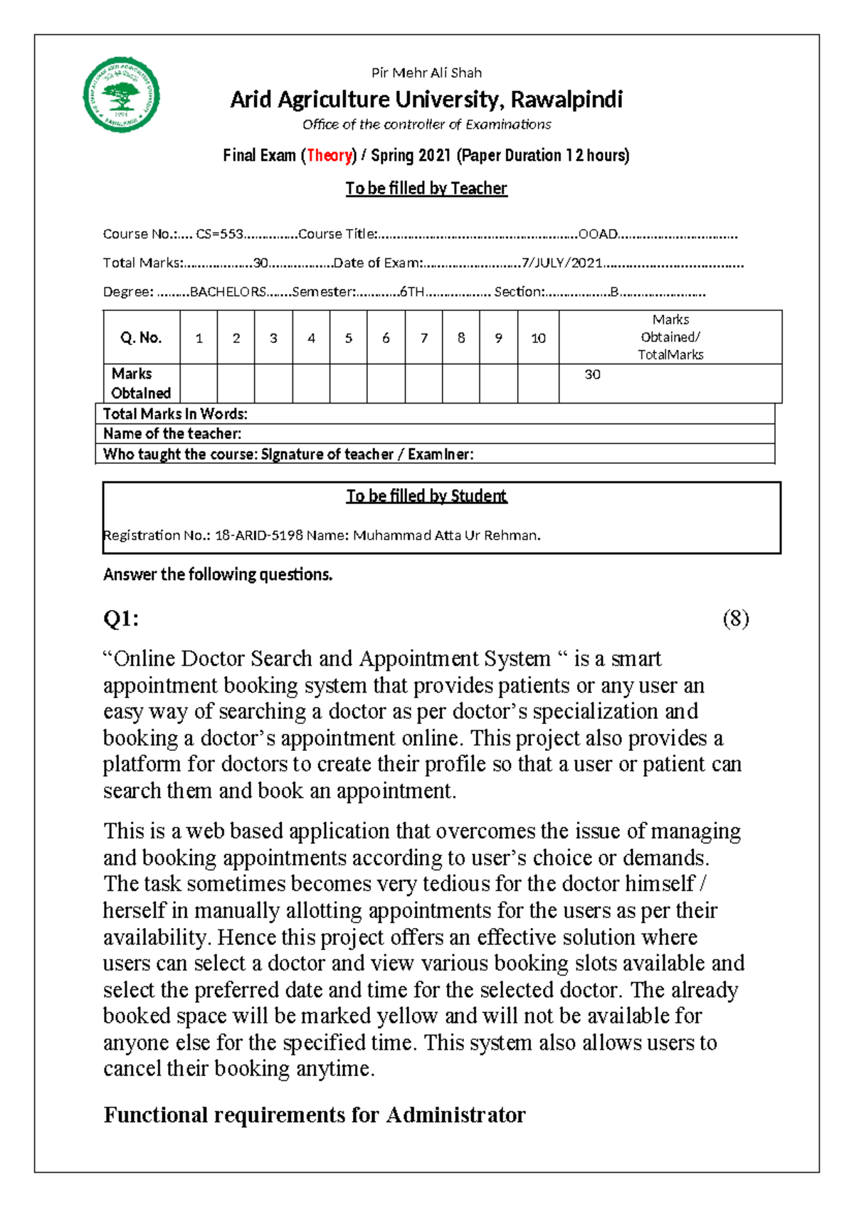 Muhammad atta ur rehman bscs 6B OOAD final assignment 1 8-ARID-5198 ...