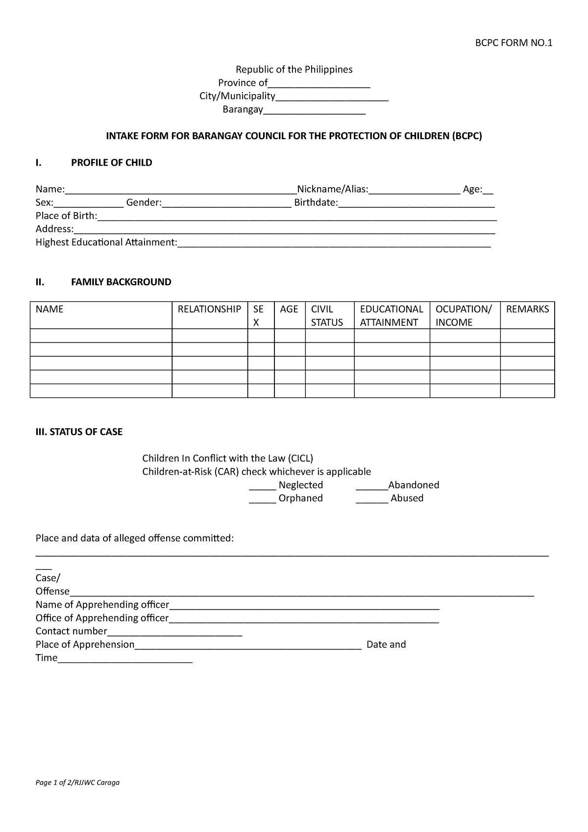 BCPC form 1 - BCPC Template - BCPC FORM NO. Republic of the Philippines ...
