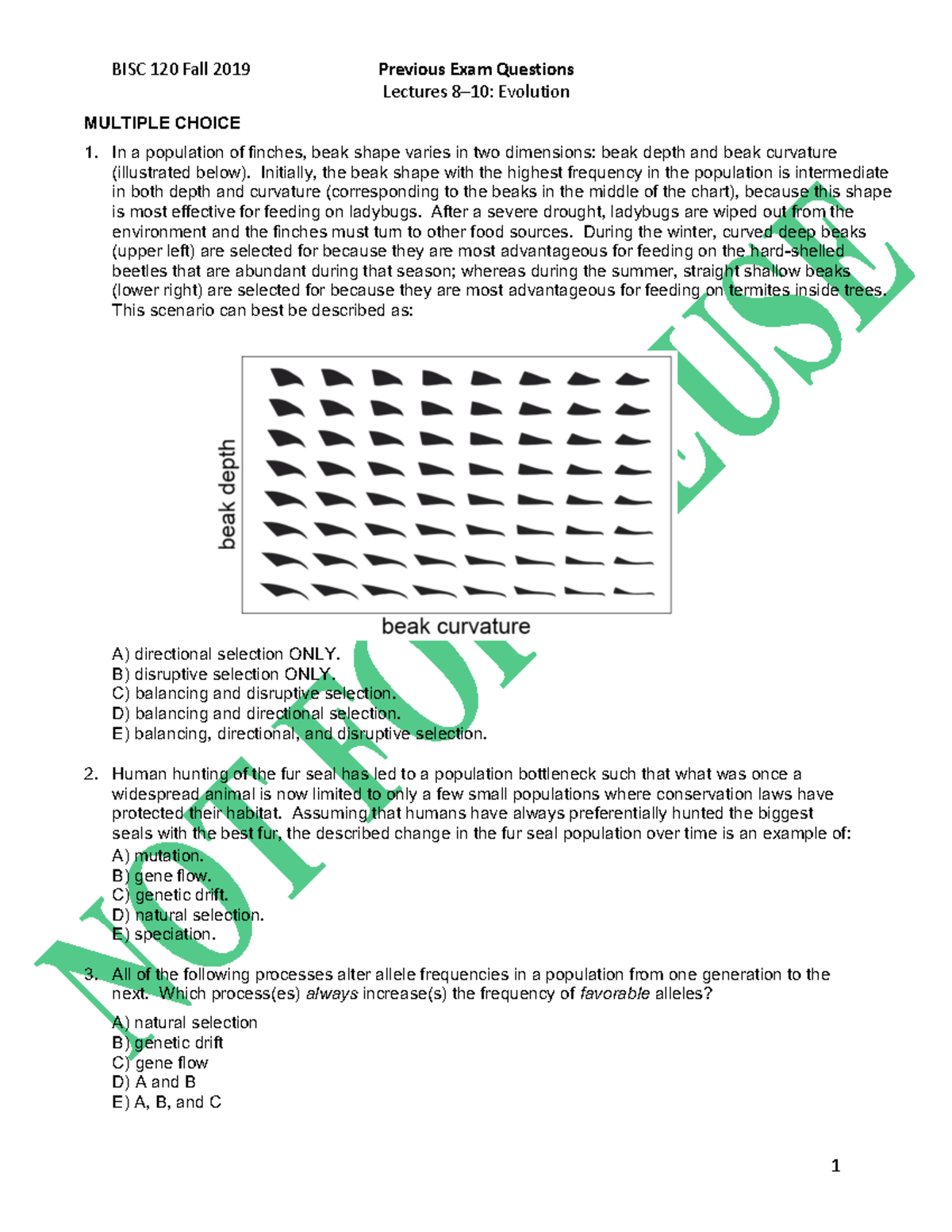 Previous Exam Qs 2b Evolution - Lectures 8–10: Evolution MULTIPLE ...