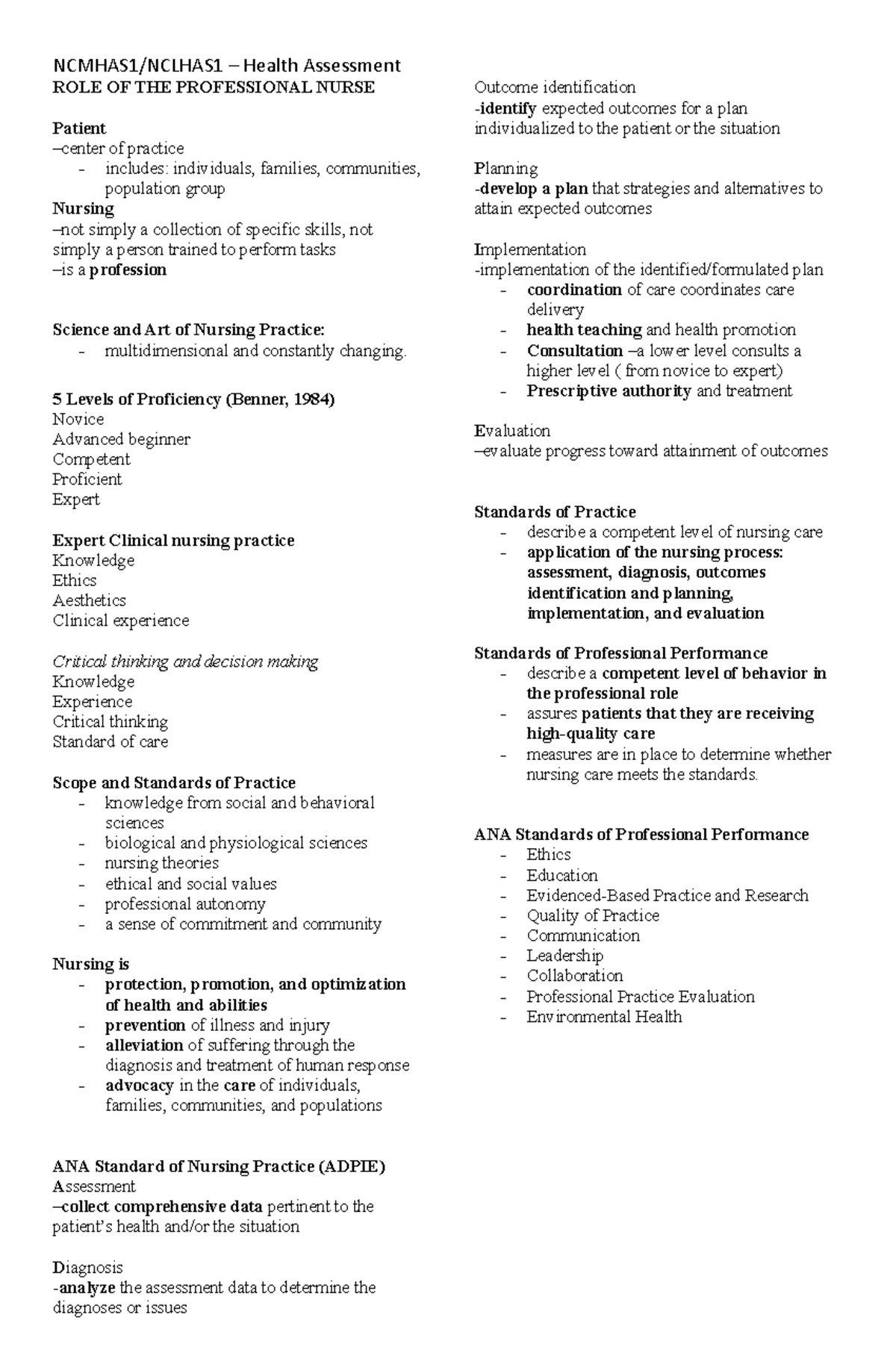 Ncmhas and Nclhas - Unit 1 - ROLE OF THE PROFESSIONAL NURSE Patient ...