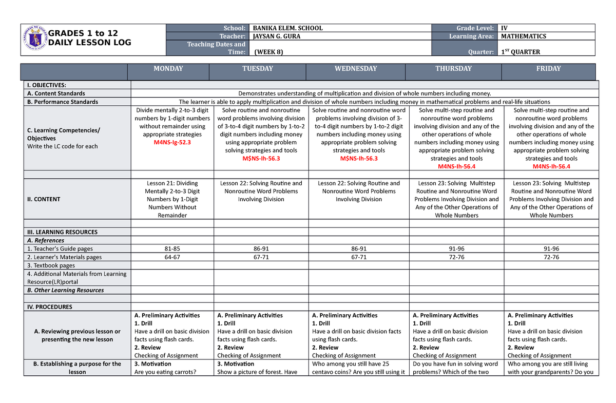 Dll Mathematics 4 Q1 W8 Dll Grades 1 To 12 Daily Lesson Log School Banika Elem School 5346