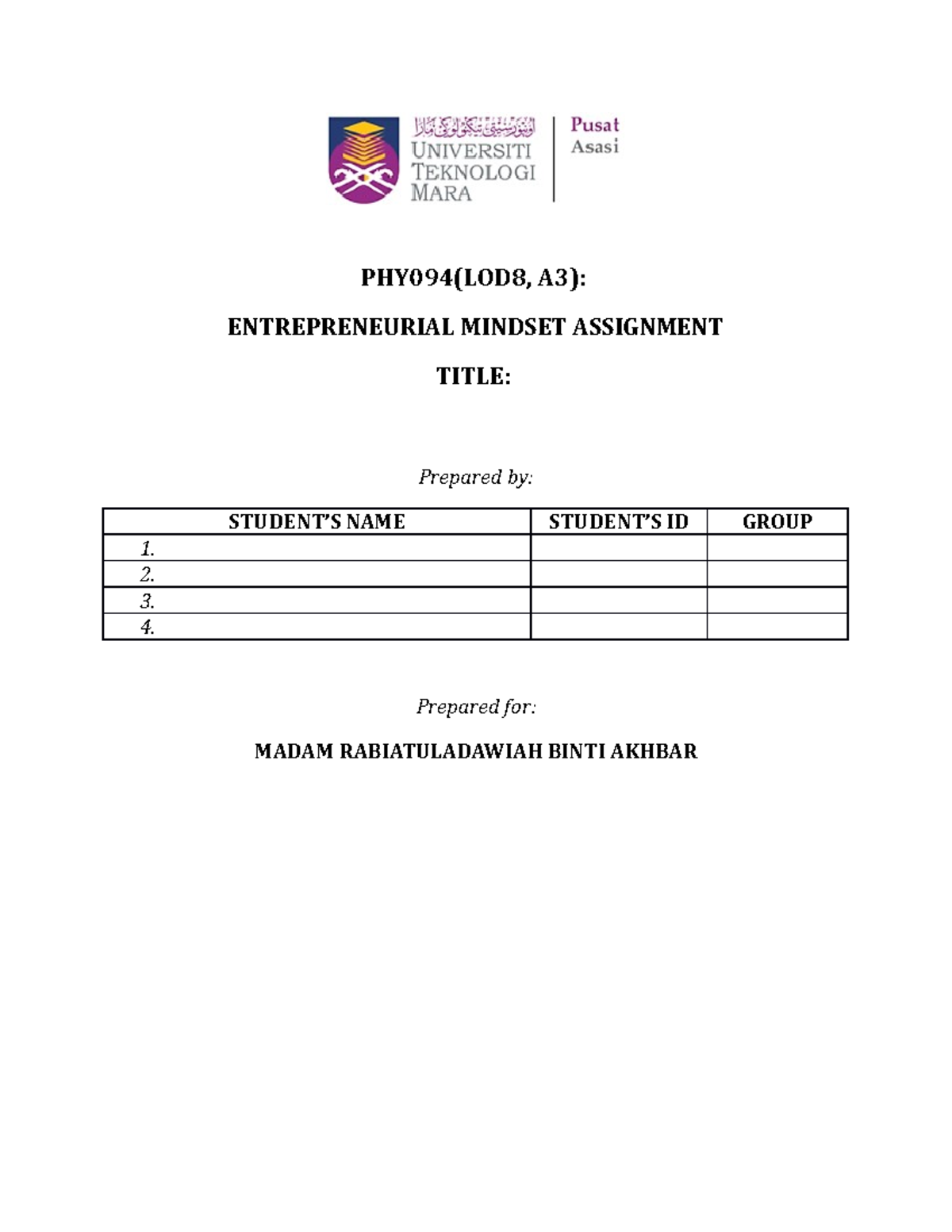 entrepreneurial mindset assignment uitm