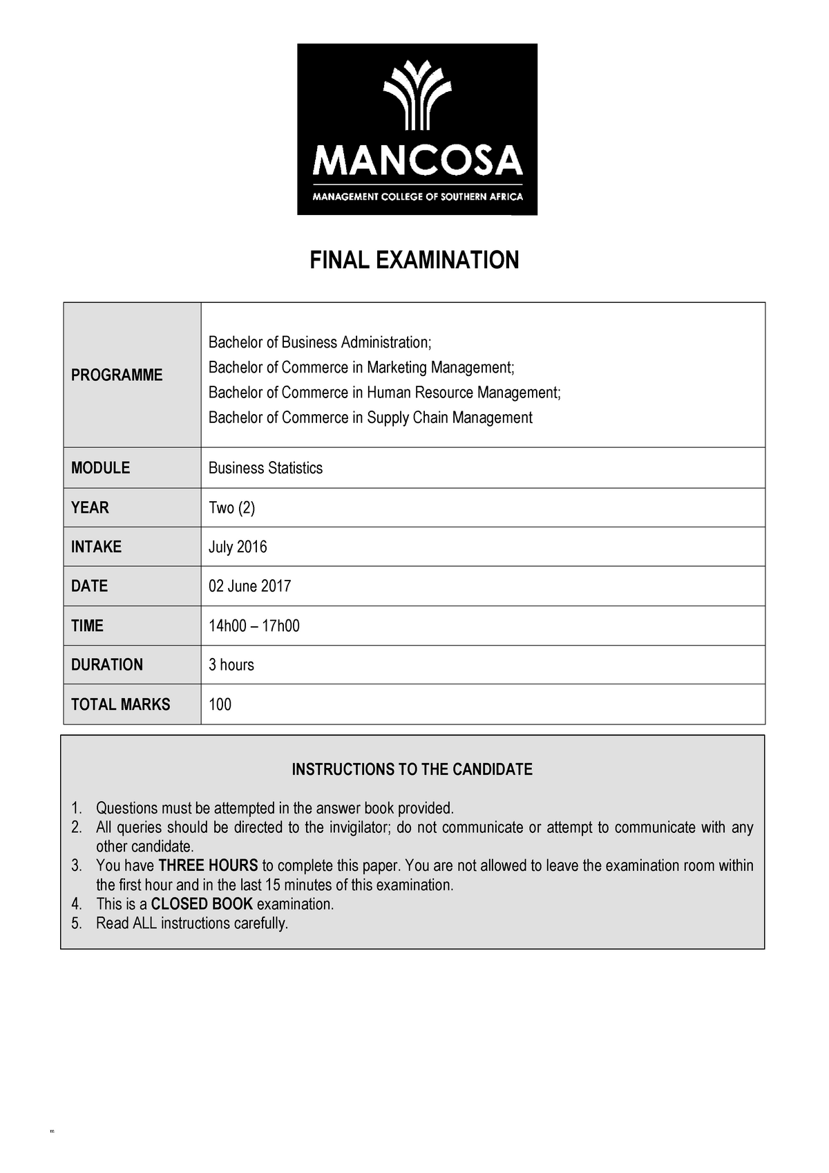 business-stats-intro-final-examination-programme-bachelor-of-business