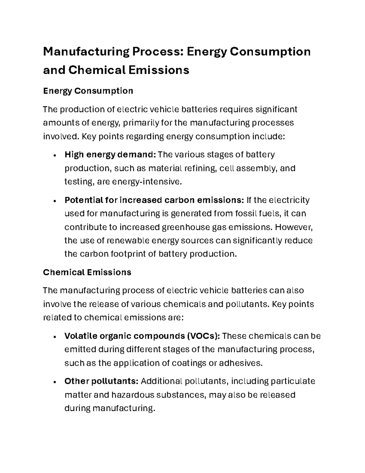 Manufacturing Process - Key points regarding energy consumption include ...