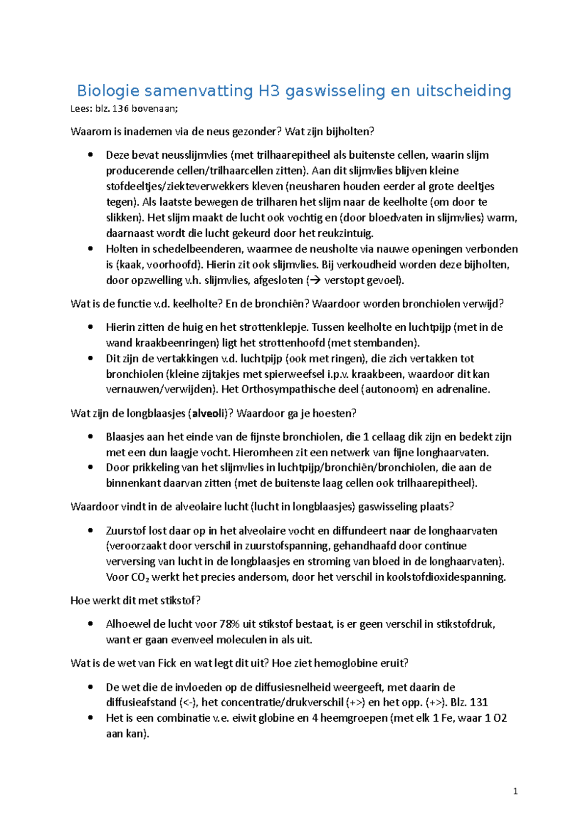 Biologie Samenvatting H3 Gaswisseling En Uitscheiding - 136 Bovenaan ...