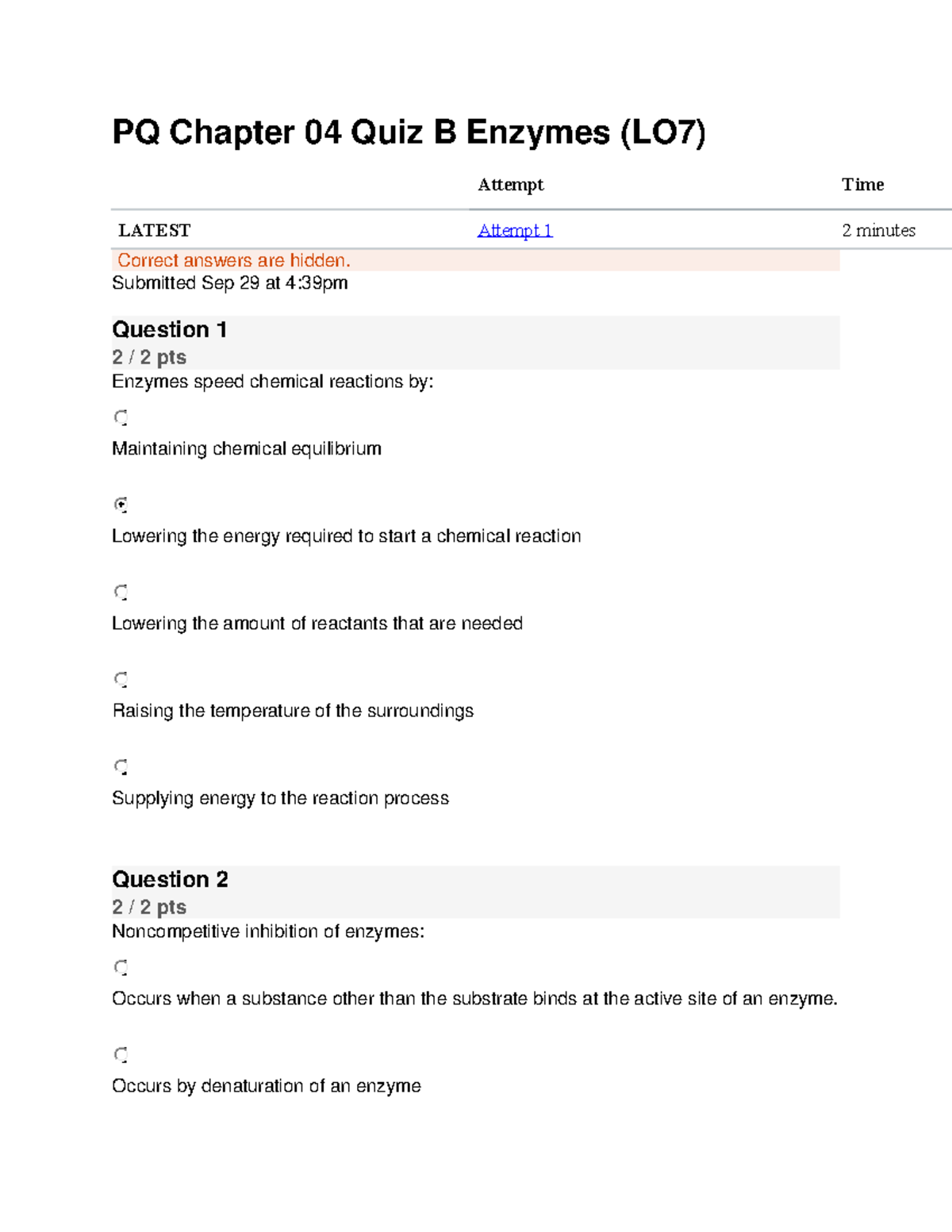 PQ Chapter 04 Quiz B Enzymes LO7 - Submitted Sep 29 At 4:39pm Question ...