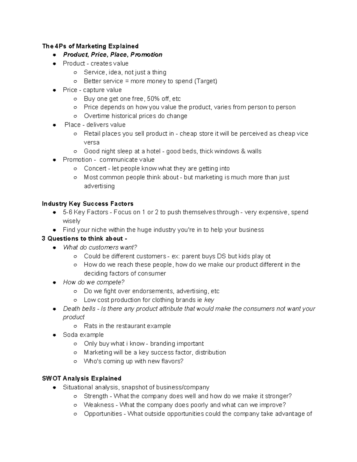 BADM 320 - Exam 1 SG - Lecture notes 1-14 - The 4Ps of Marketing ...