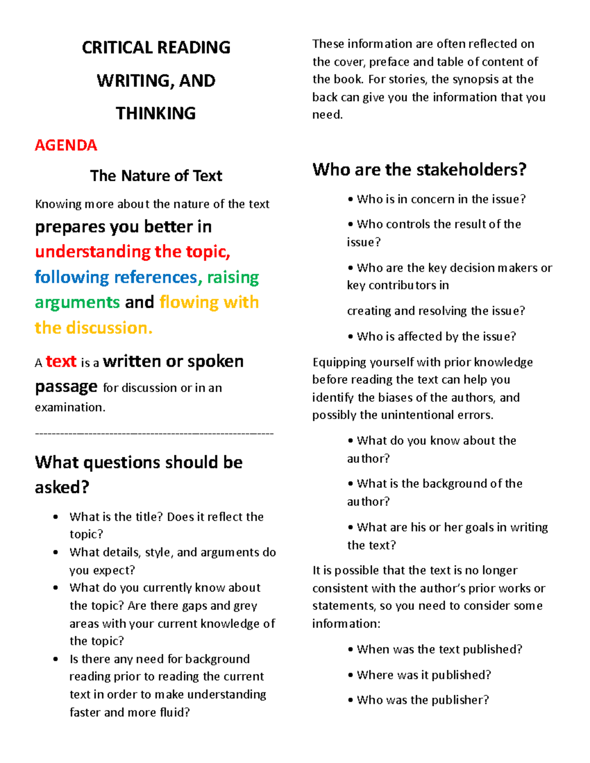 CRWT Lesson 2 Reviewer CRITICAL READING WRITING, AND THINKING AGENDA