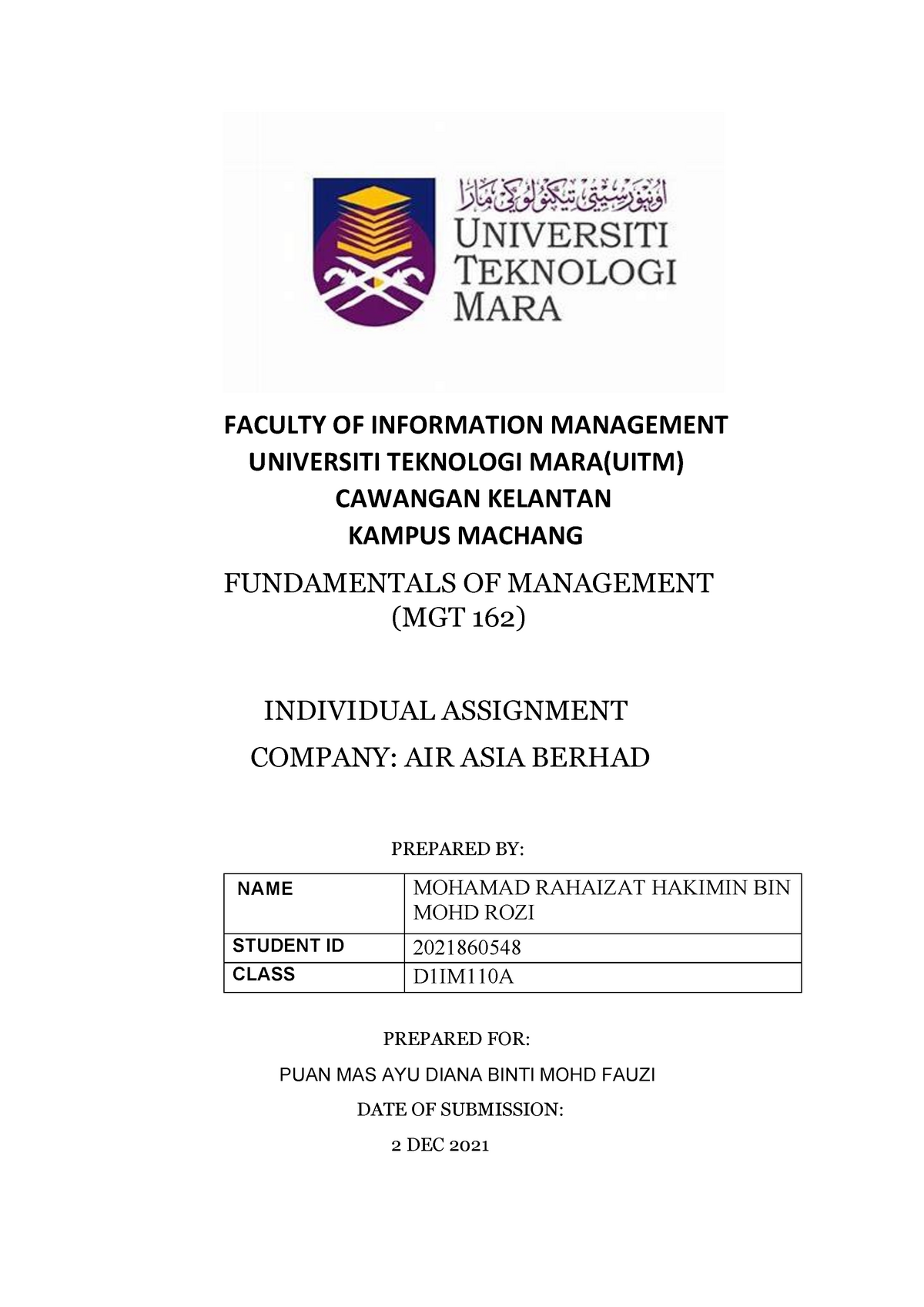 mgt162 assignment company uitm