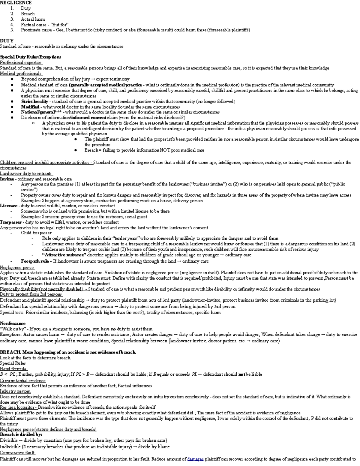 Torts Final - Sloan - NEGLIGENCE Duty Breach Actual harm Factual cause ...