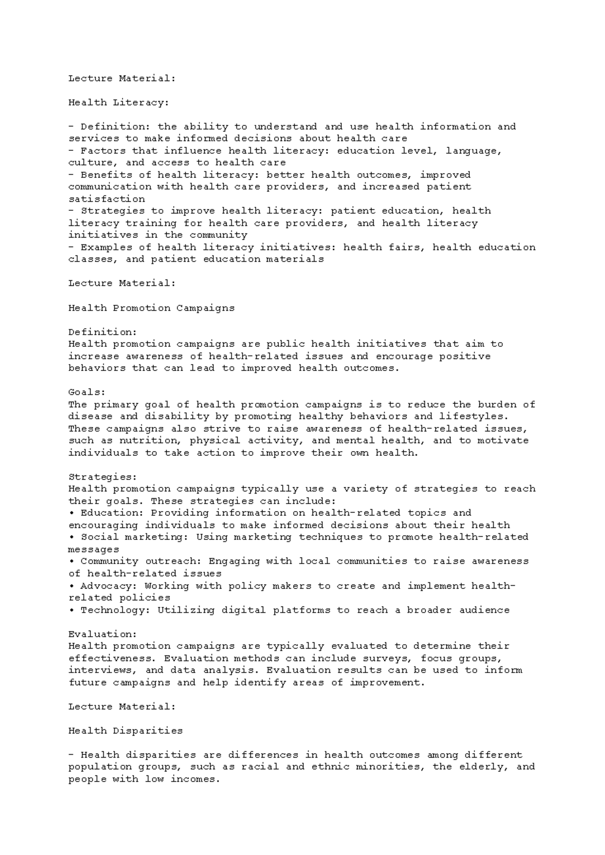 COM3320 1 - Lecture Note Compilation - Lecture Material: Health ...