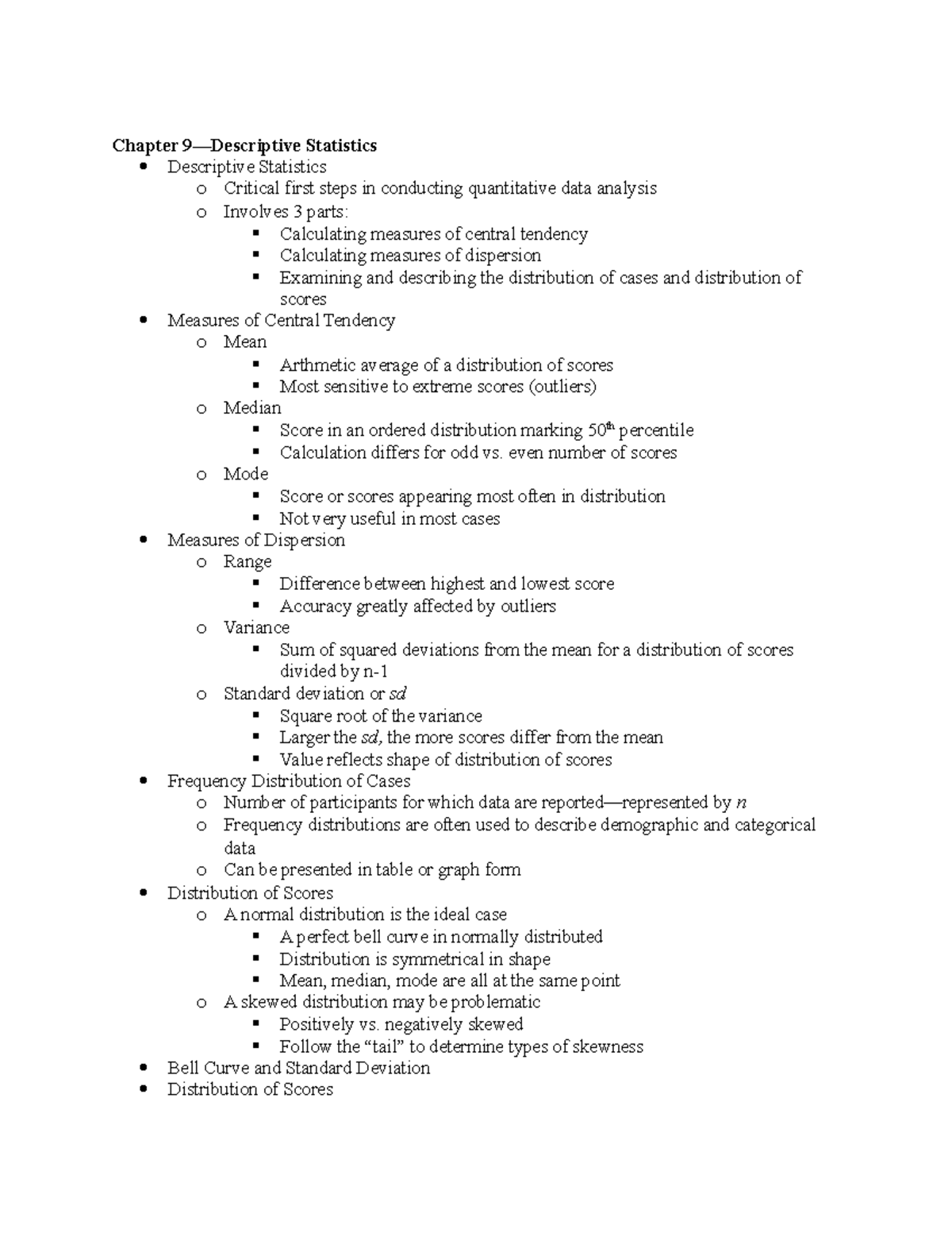 Exam 3 Notes - Chapter Statistics Descriptive Statistics o Critical ...