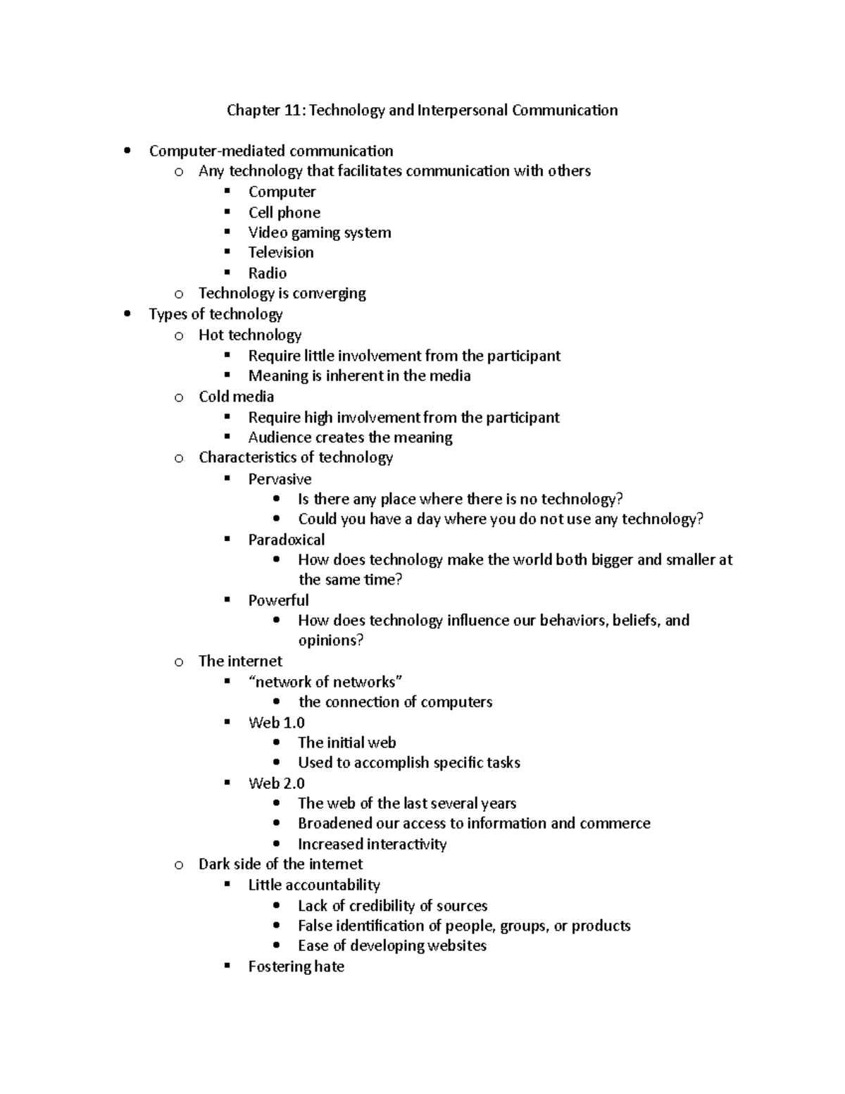 Ipc Chapter 11 Notes - Chapter 11: Technology And Interpersonal 