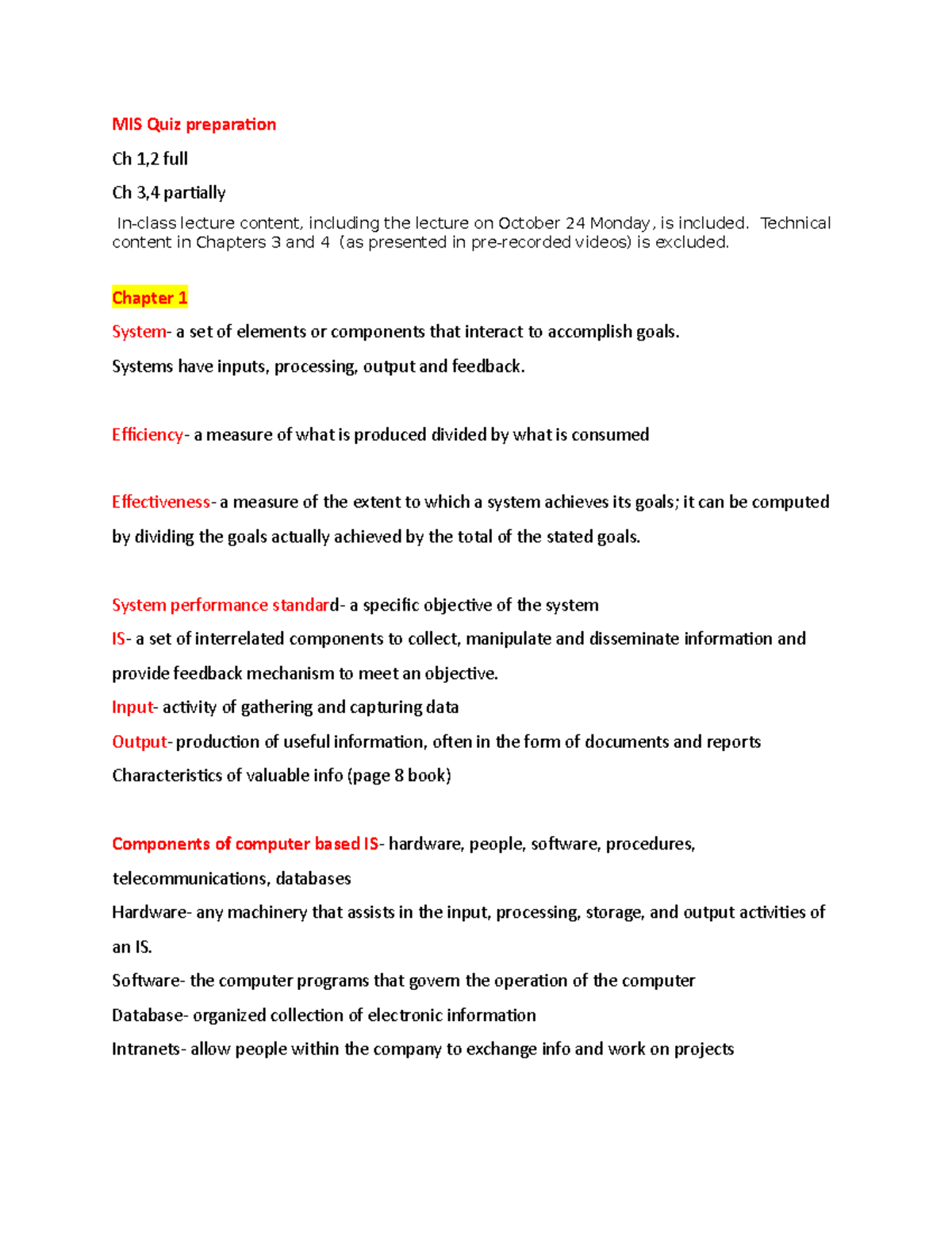 MIS Quiz preparation - lecture notes for mgis course - MIS Quiz ...