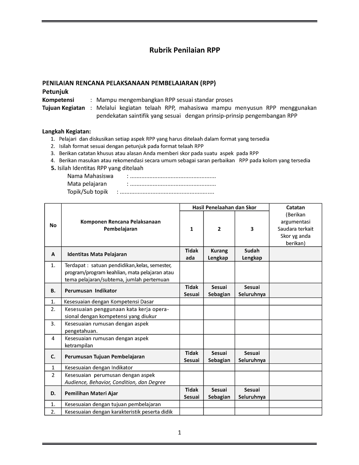 (2)Instrumen RPP - Rubrik Penilaian RPP PENILAIAN RENCANA PELAKSANAAN ...