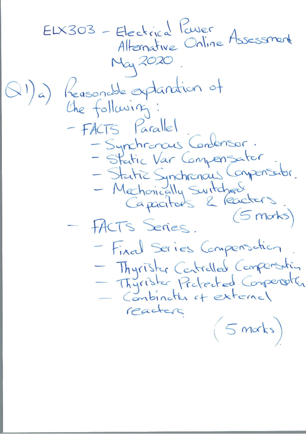 Online Assessment May 2020 - Solutions - ELX303 Electrical Power ...