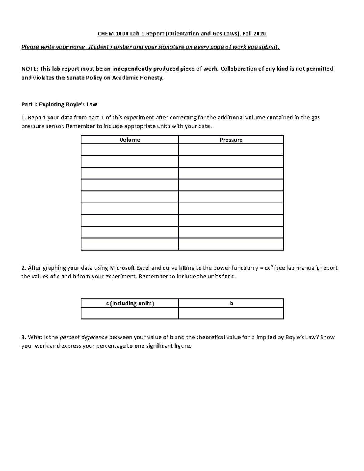 CHEM1000 Lab 1 Report - CHEM 1000 Lab 1 Report (Orientation and Gas ...