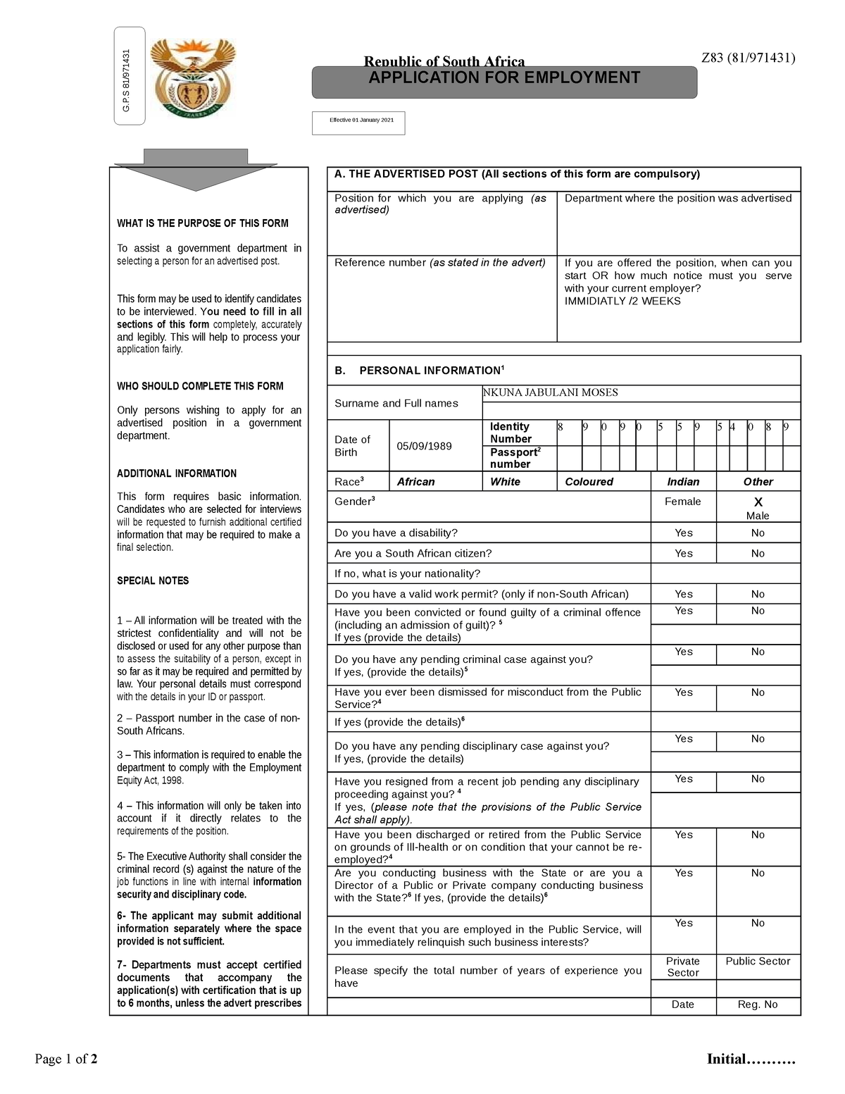 Approved New Z83 Form Gazetted 6 Nov 2020 Republic Of South Africa Z83 81971431 Page 1 Of 2 7710